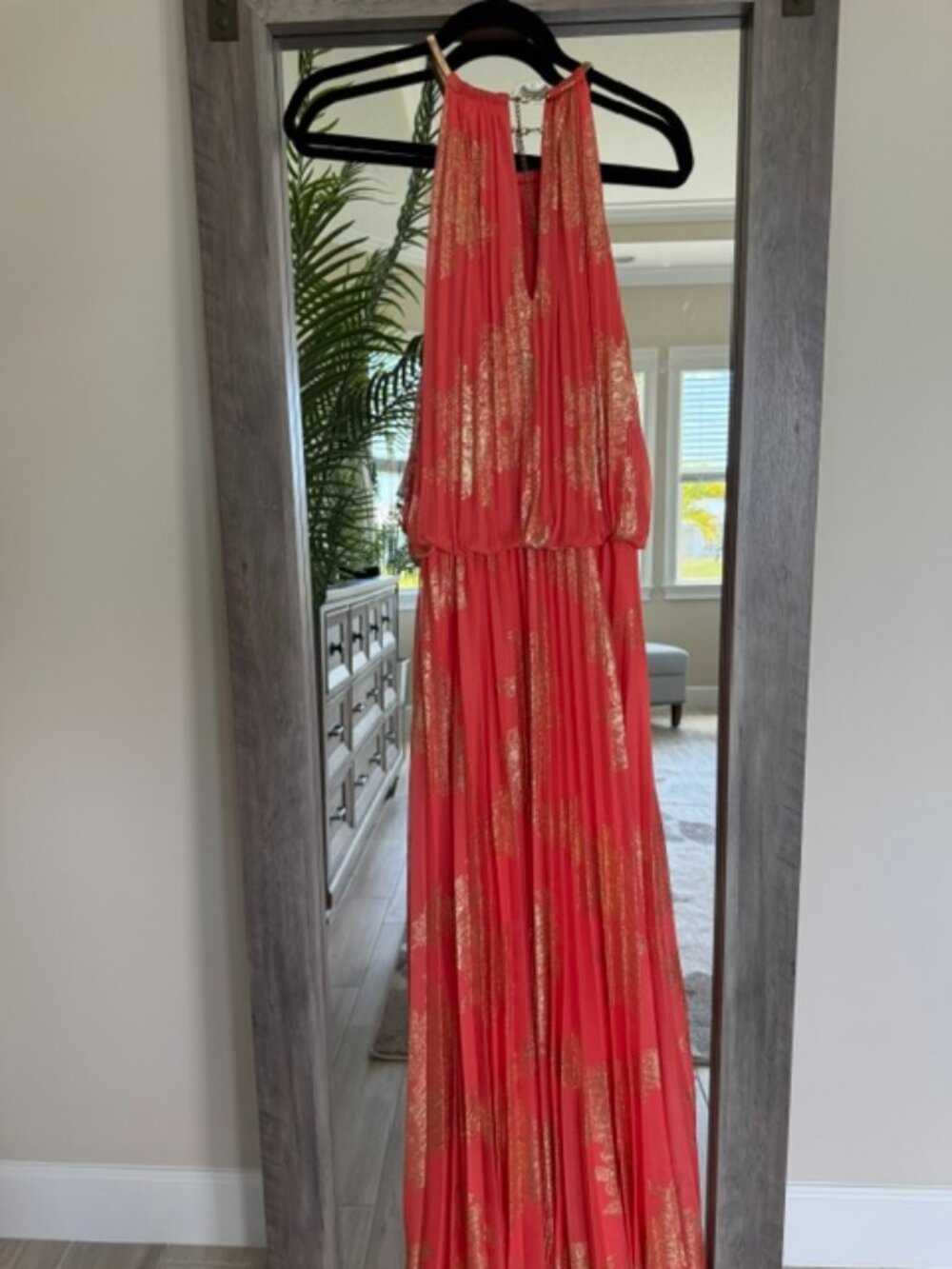MSK Orange & Gold Foil Blouson Halter Maxi Dress. Size 16